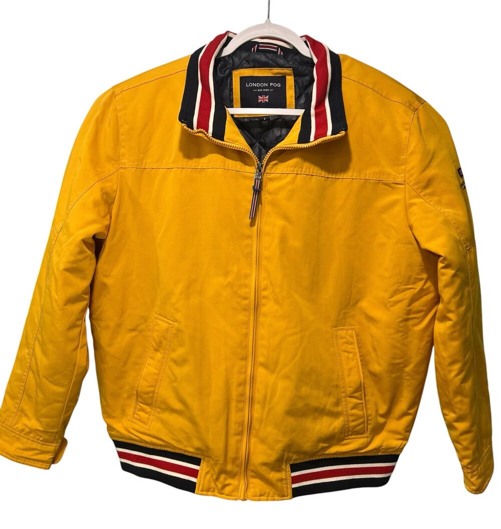 London Fog Bomber Varsity Jacket Quilted Lined Yellow Zip Mens L Retro Casual